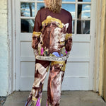 Satin Village Print Pant In brown at ooh la la! in Grapevine TX 76051