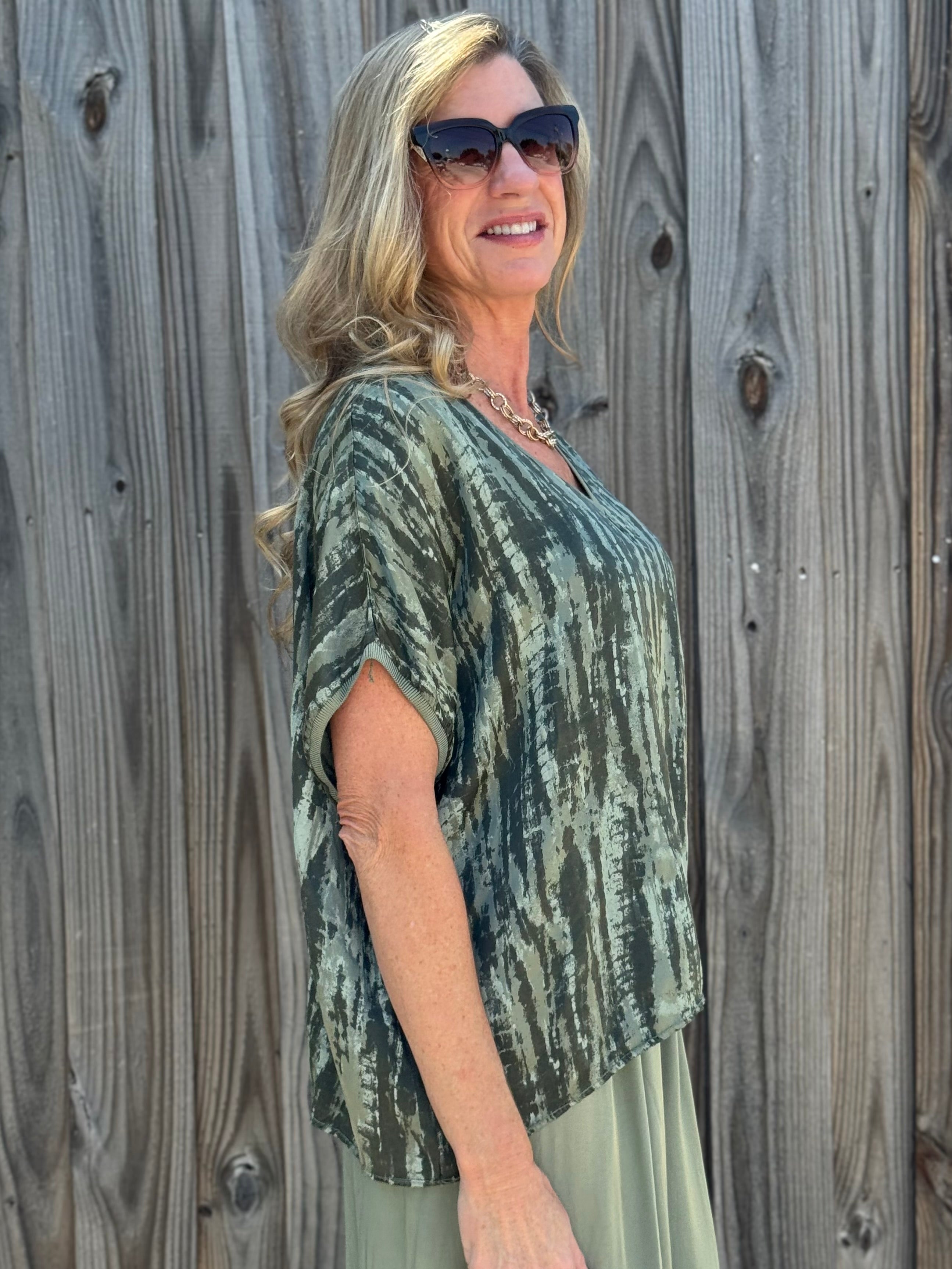 Made in Italy Satin Printed Pullover Blouse in Olive at ooh la la! in Grapevine TX 76051