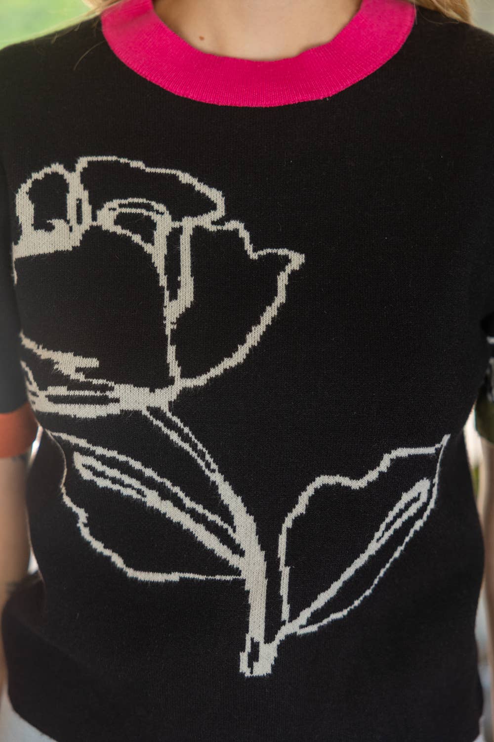 Color Blocked Band Floral Knit Top in black at ooh la la! in Grapevine TX 76051