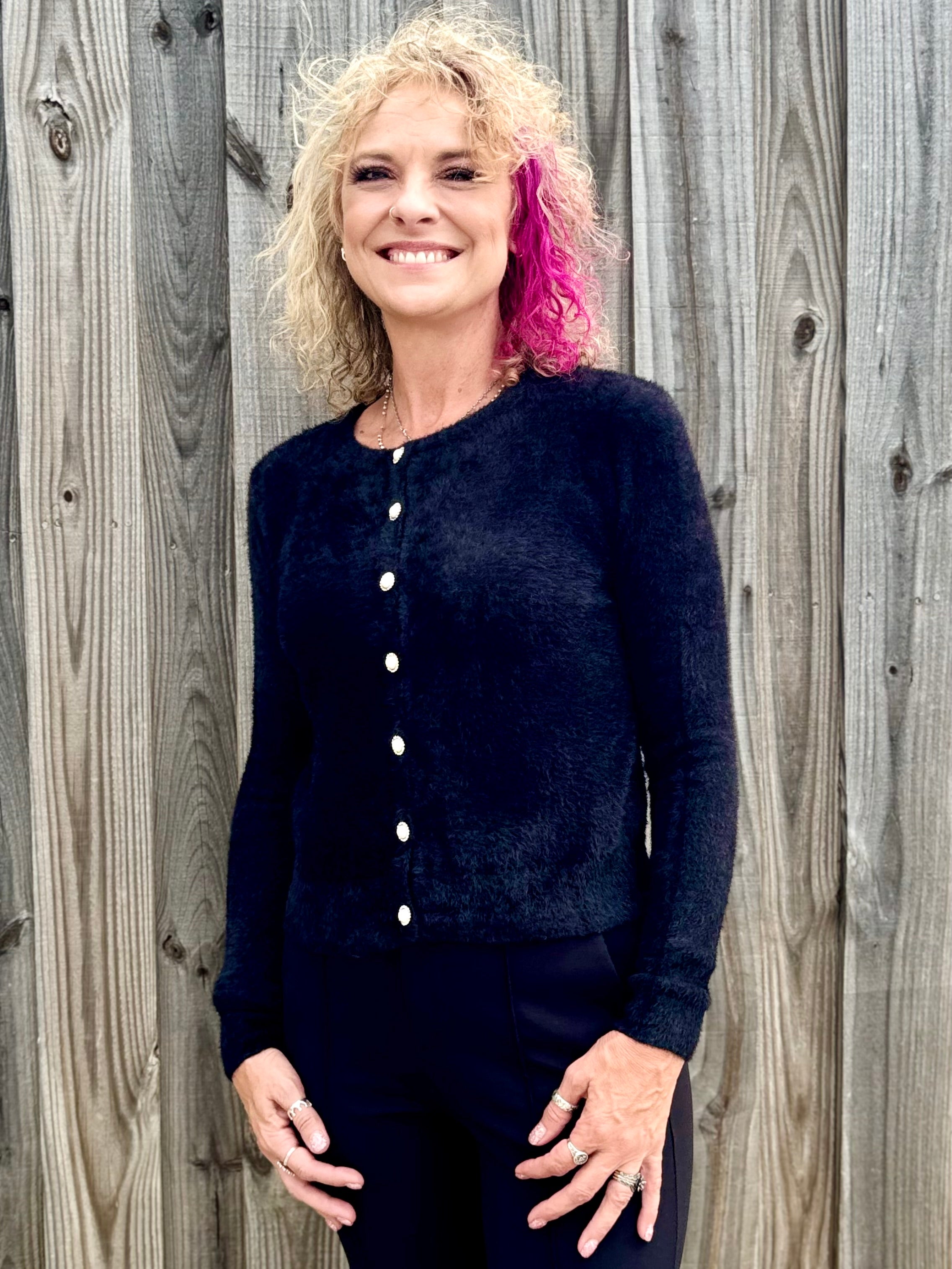 Molly Bracken Pearl Button Cardigan in black at ooh la la! in Grapevine TX 76051