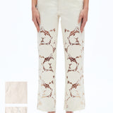 off white floral cutout jeans, embroidered straight leg pants, women's cream denim, high rise relaxed jeans, boho lace pants, luxury embroidered denim, off white floral trousers at ooh la la in Grapevine TX 76051