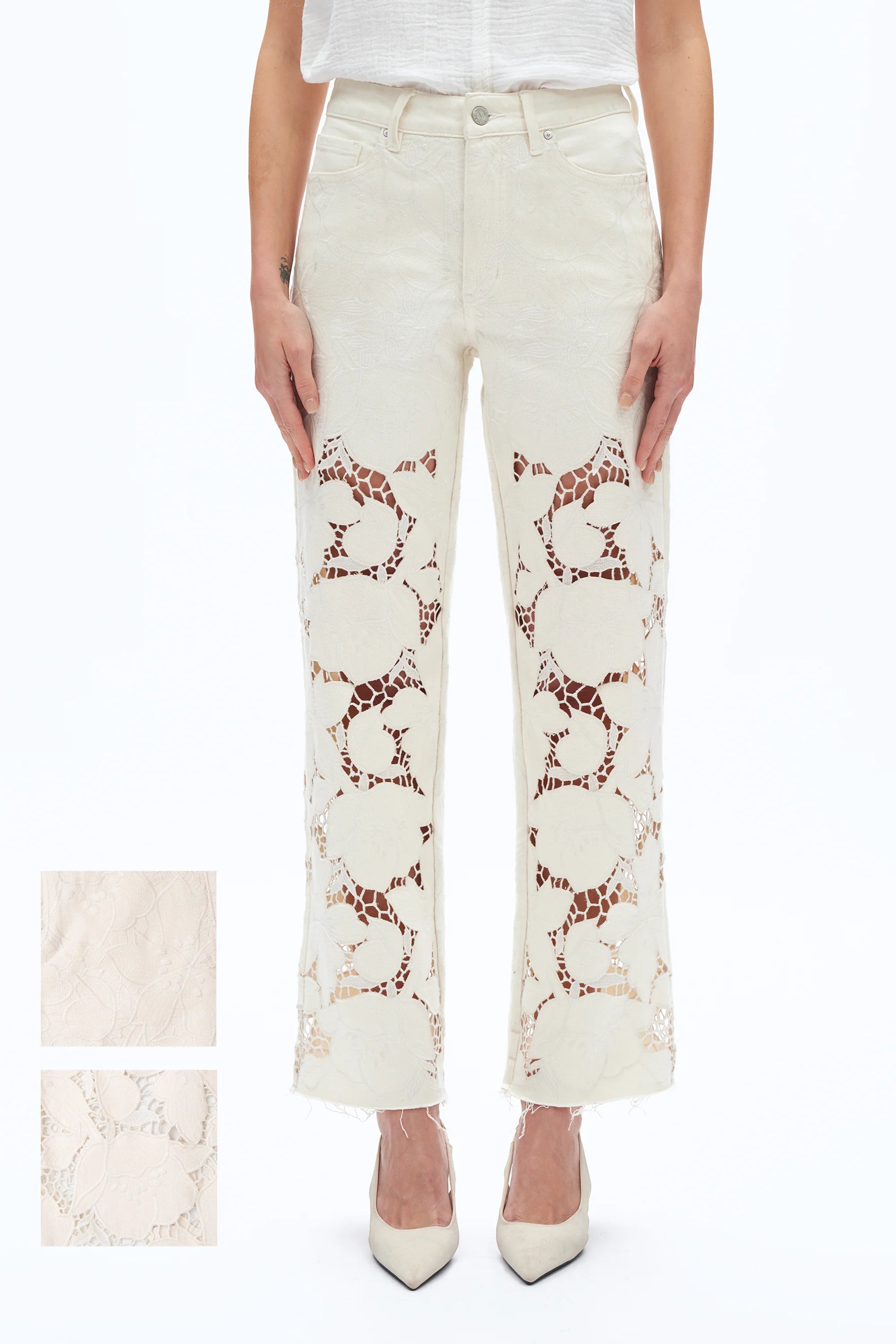 off white floral cutout jeans, embroidered straight leg pants, women's cream denim, high rise relaxed jeans, boho lace pants, luxury embroidered denim, off white floral trousers at ooh la la in Grapevine TX 76051