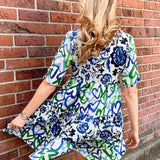 Organic cotton dress, floral shirt dress, tiered summer dress, Dress Addict, crinkle cotton dress, sustainable fashion, mixed floral and hearts print, summer dresses with pockets. at ooh la la in Grapevine TX 76051