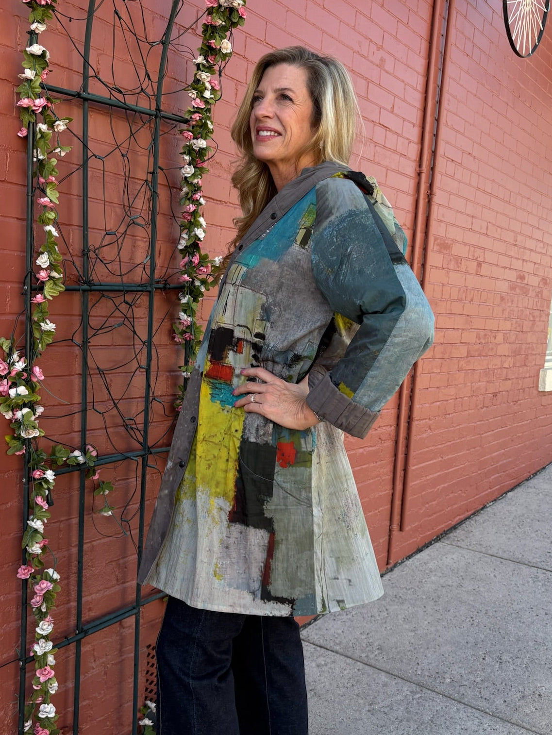 Reversible Hooded Rain Coat In multi blocks/taupe at ooh la la! in Grapevine TX 76051
