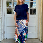 Satin Horse Printed Midi Skirt in navy at ooh la la! in Grapevine TX 76051