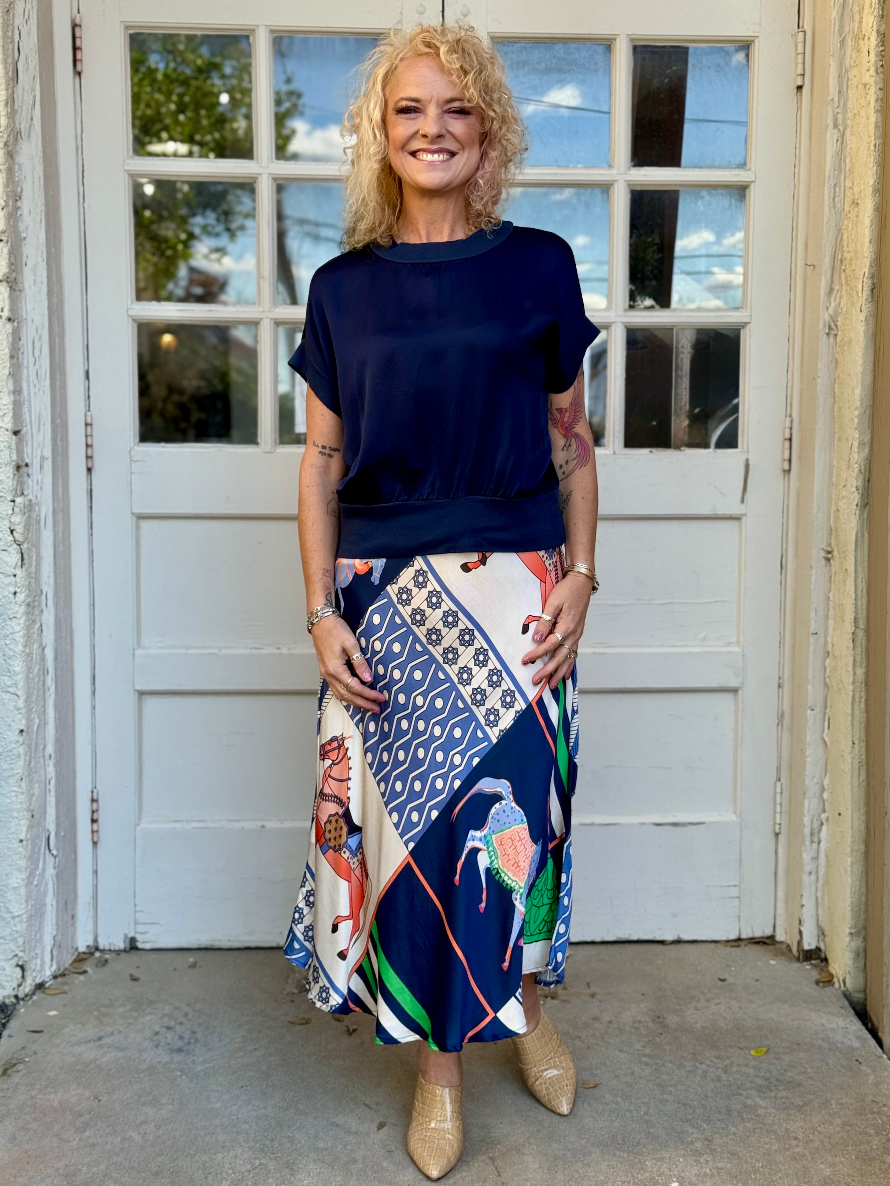 Satin Horse Printed Midi Skirt in navy at ooh la la! in Grapevine TX 76051