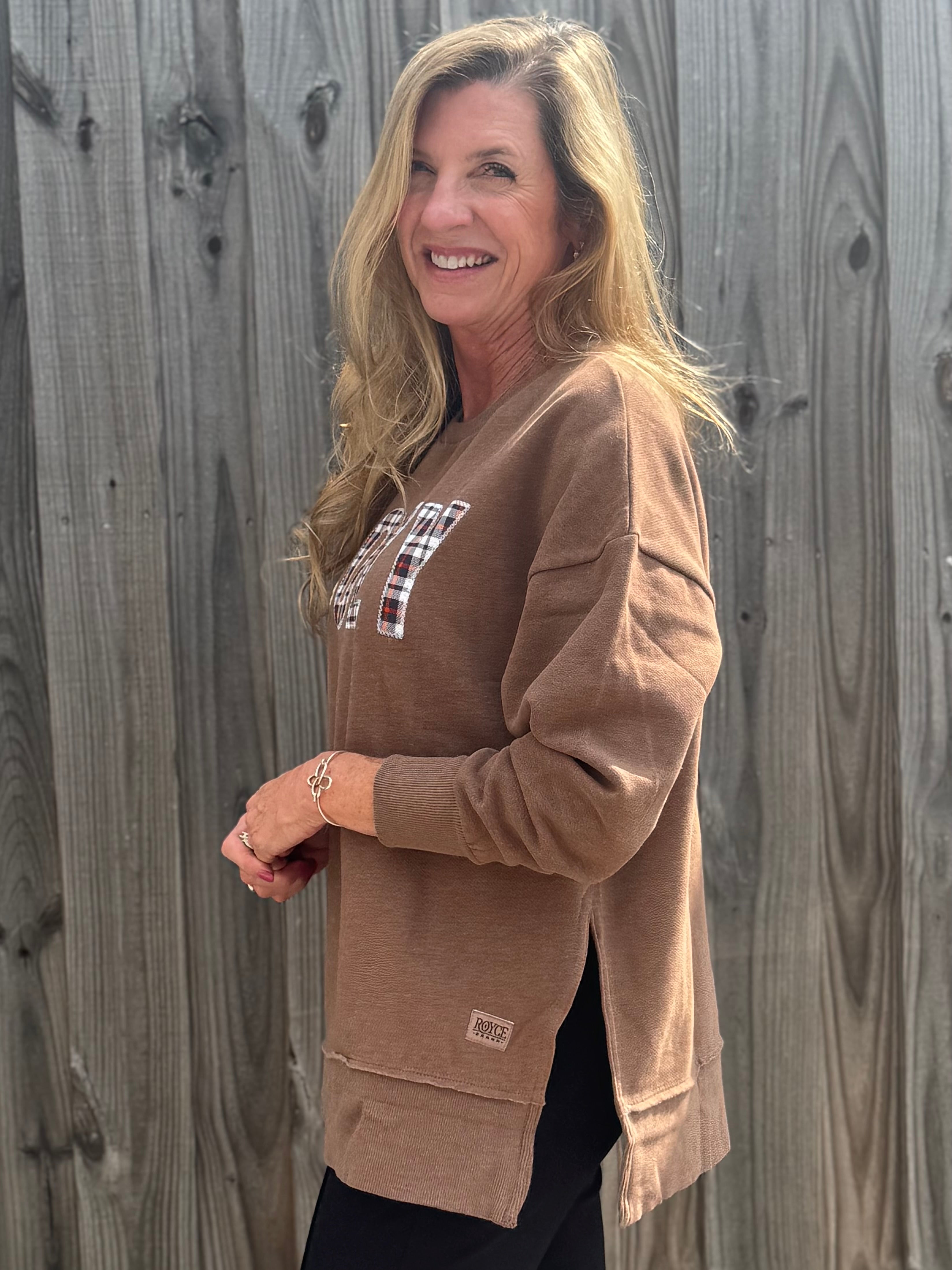 Plaid Appliqué Cozy Sweatshirt at ooh la la! in Grapevine TX 76051