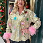 Queen of Sparkles Gold Stripe Multi Sparkler Button Up Top with Pink Feather Sleeves at ooh la la! in Grapevine TX 76051