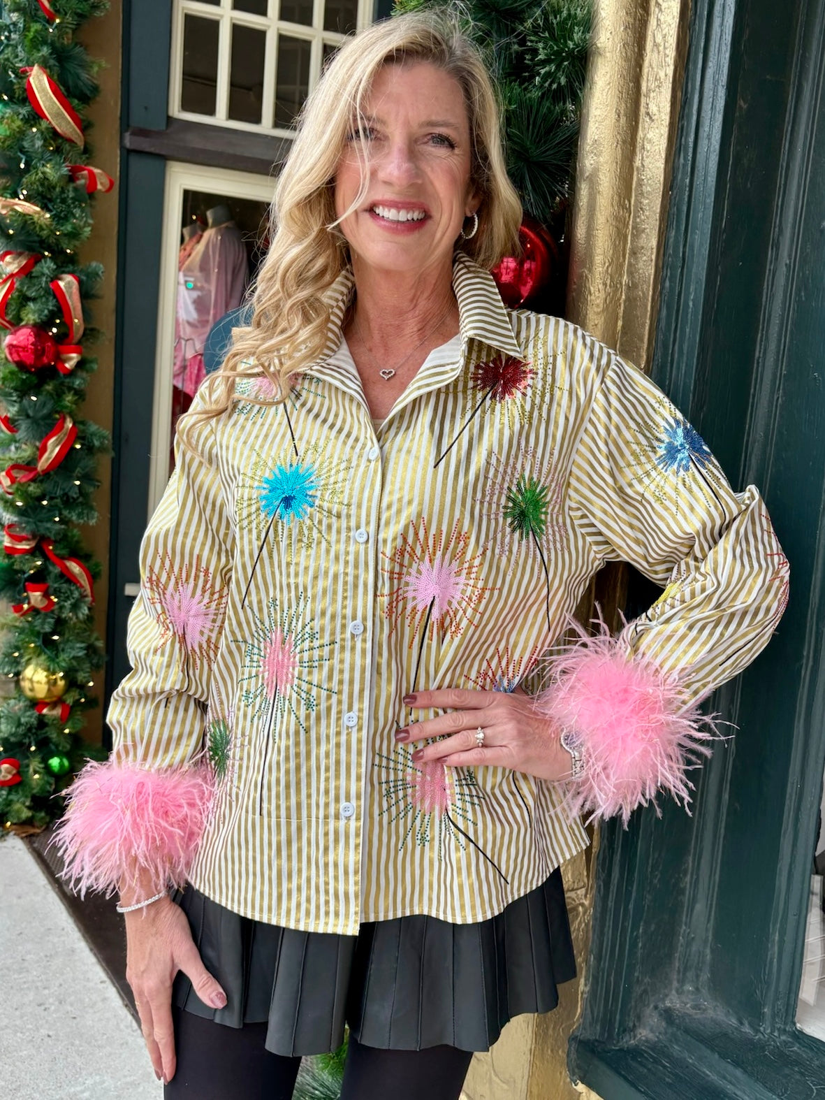 Queen of Sparkles Gold Stripe Multi Sparkler Button Up Top with Pink Feather Sleeves at ooh la la! in Grapevine TX 76051