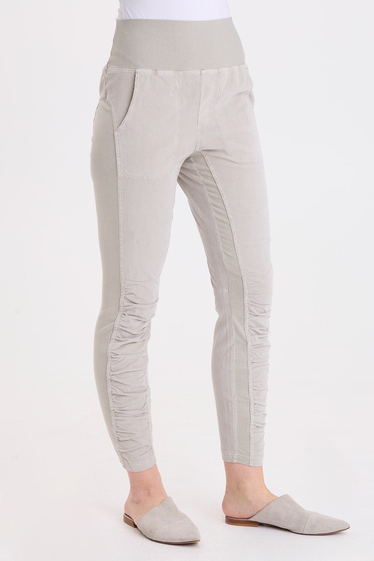 XCVI Cord Penny Legging in Whitecap Pigment with ruched lower leg detail