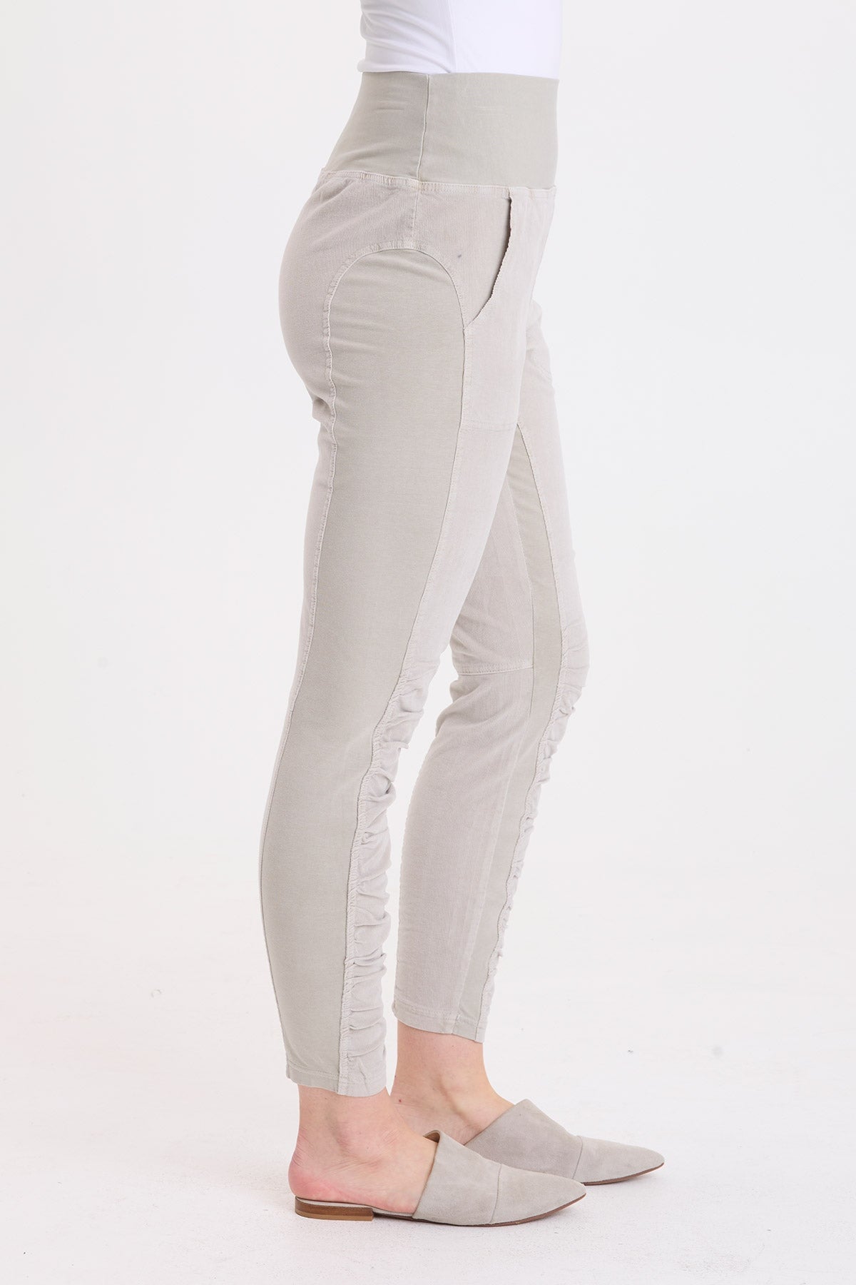 XCVI Cord Penny Legging in Whitecap Pigment, side view with ruffle seam detail