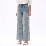 Crystal Embellished Velvet Floral Lace Wide Leg Jeans at ooh la la! in Grapevine TX 76051