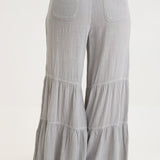 XCVI Lando Wide Leg Pants in Soft Pebble Pigment, back view with tiered ruffles
