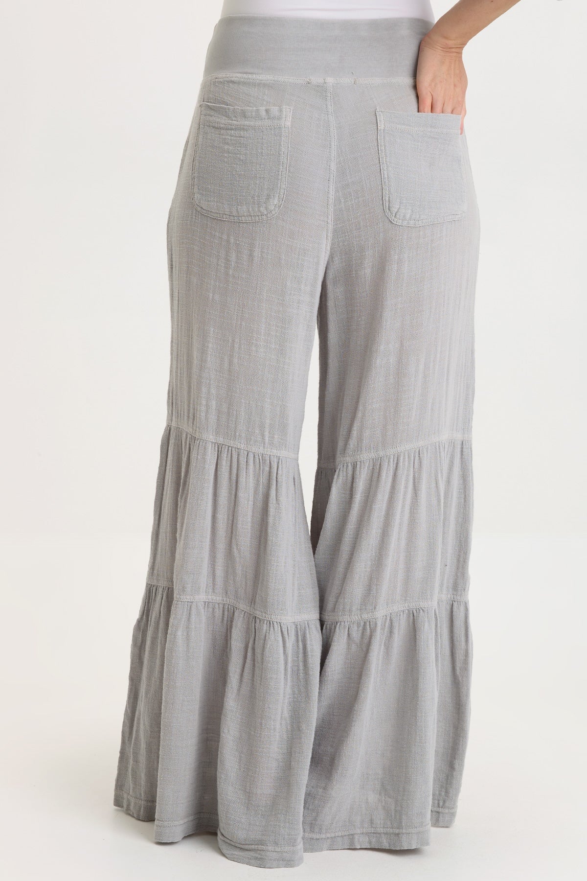 XCVI Lando Wide Leg Pants in Soft Pebble Pigment, back view with tiered ruffles