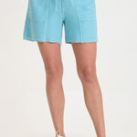 XCVI Elvio Shorts in mermaid tail aqua blue with drawstring waist and raw hem