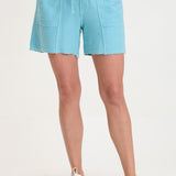 XCVI Elvio Shorts in mermaid tail aqua blue with drawstring waist and raw hem