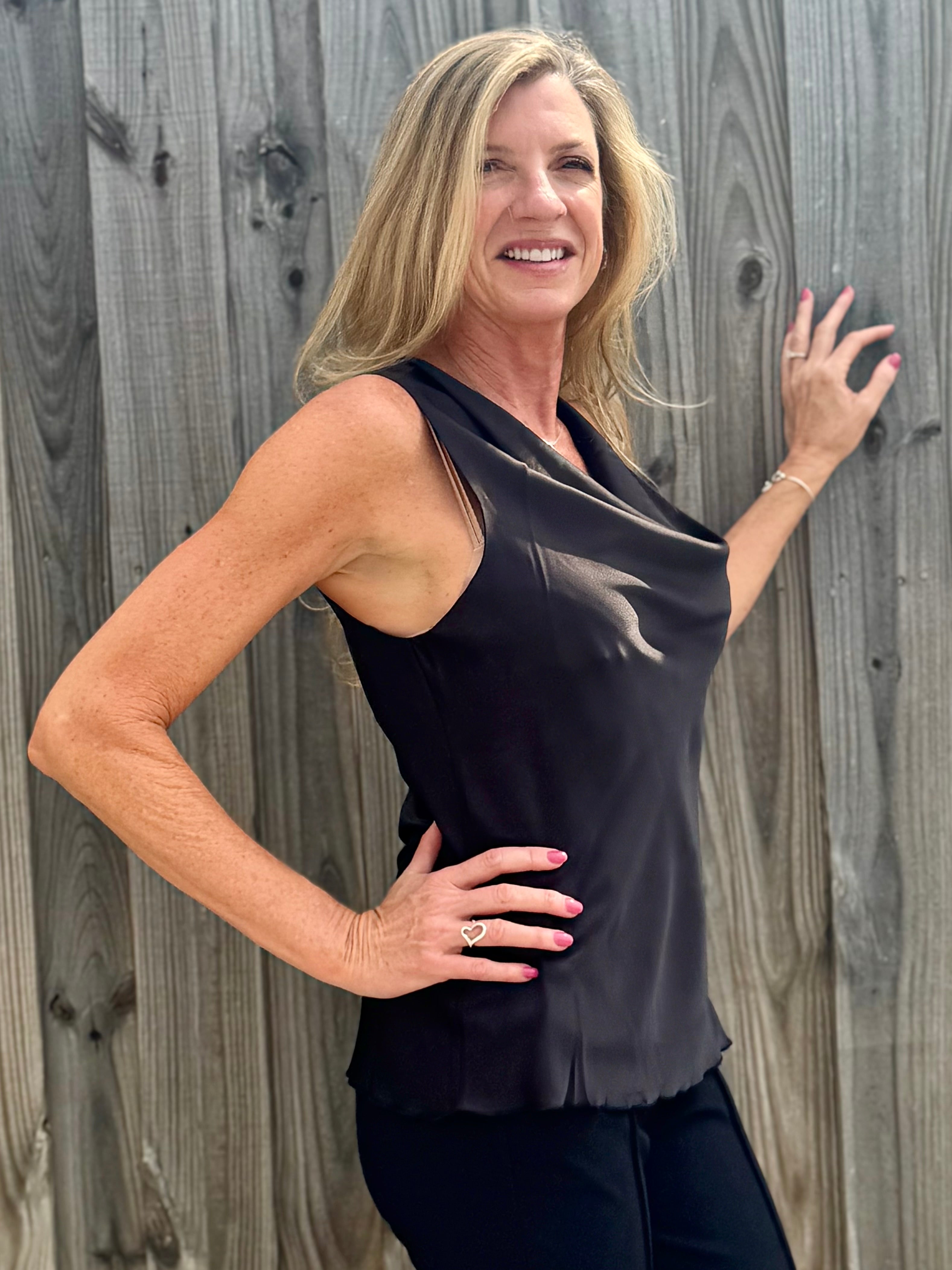 Molly Bracken satin draped neck top in black at ooh la la! in Grapevine TX 76051