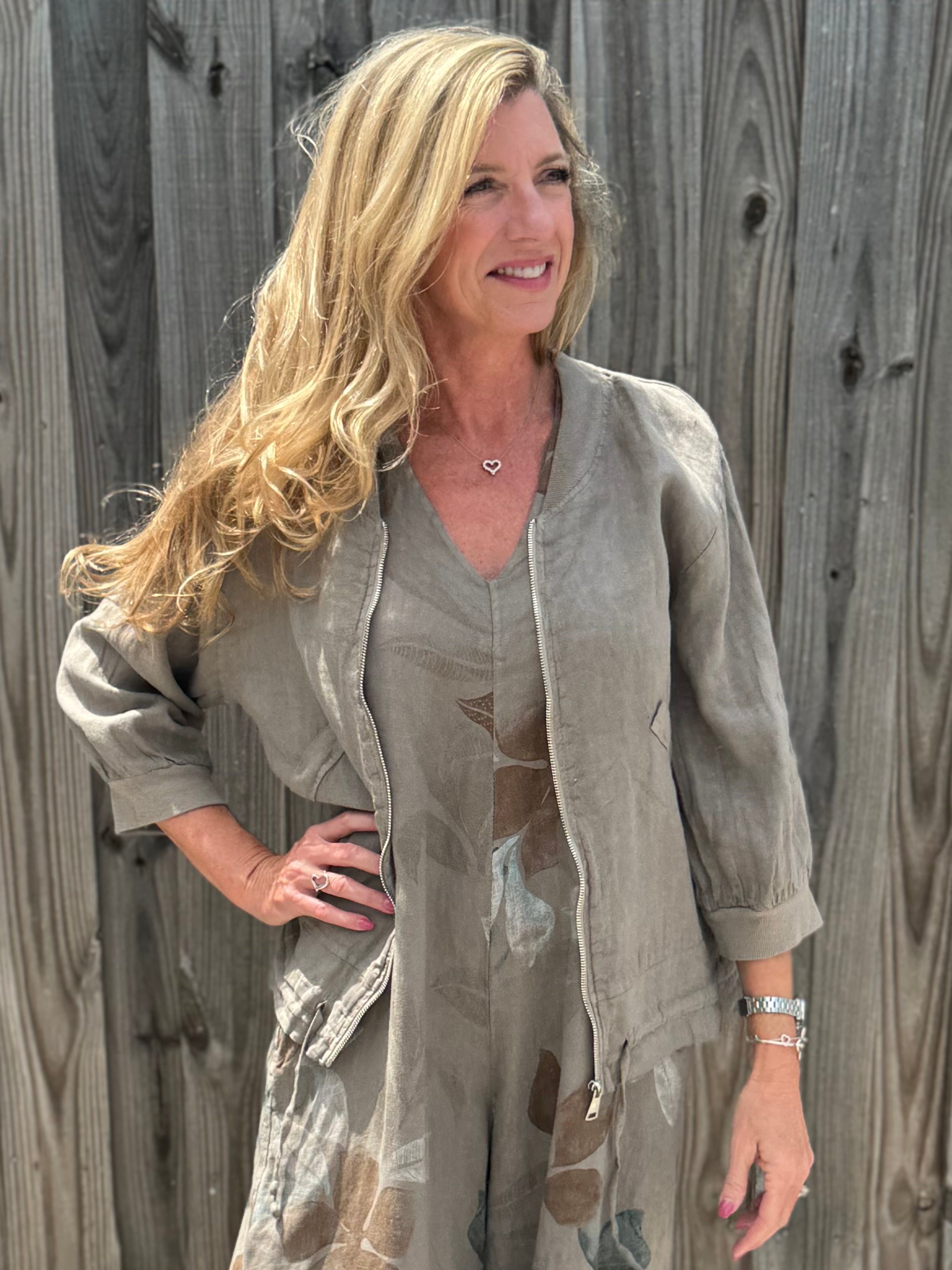 Linen Bomber Jacket in taupe at ooh la la! in Grapevine TX 76051