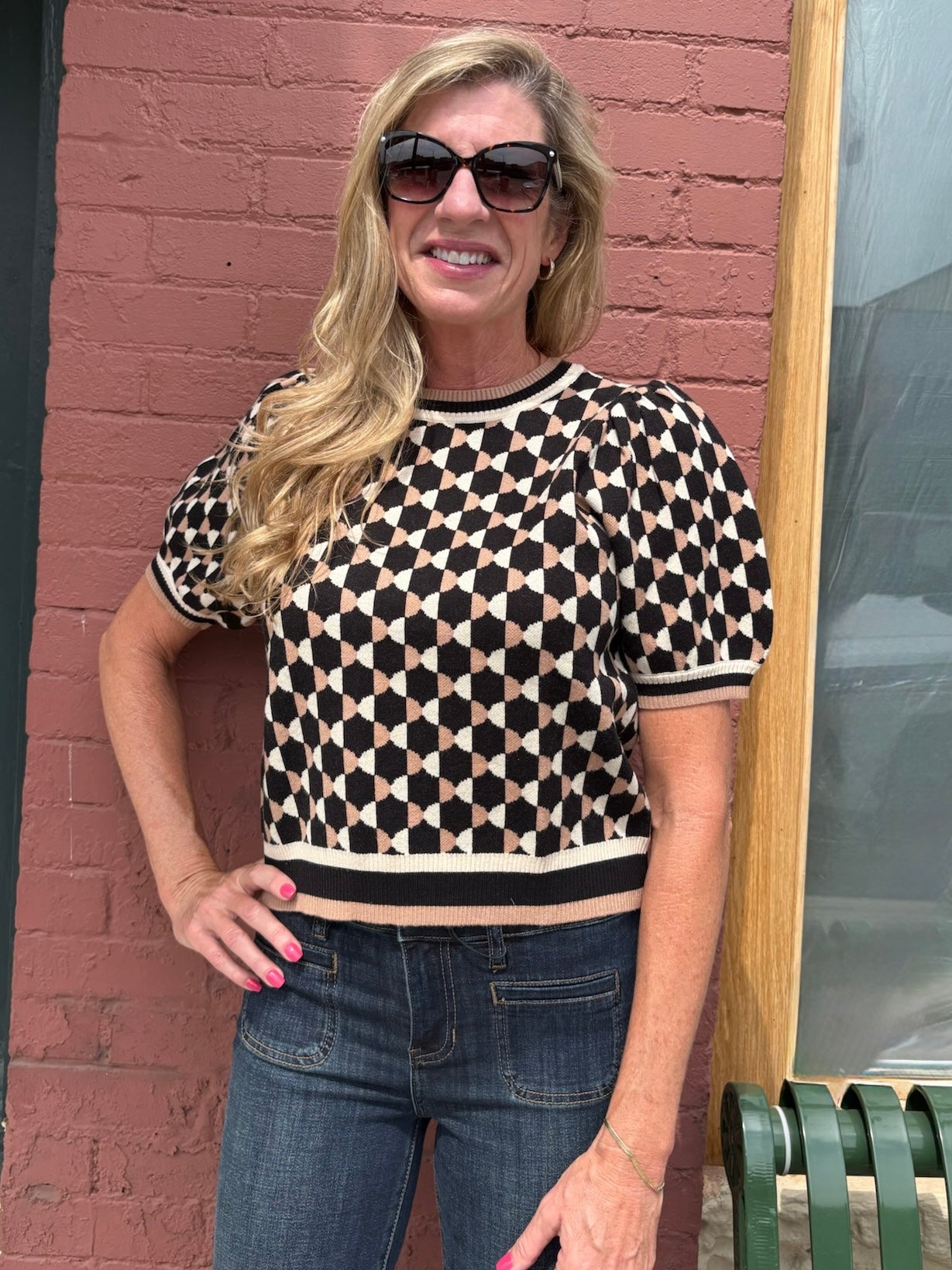 Abstract Pattern Short Puff Sleeve Knit Top at ooh la la! in Grapevine TX 76051