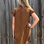 Molly Bracken Corduroy Ruffle Sleeve Shirt Dress in camel at ooh la la! in Grapevine TX 76051