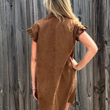 Molly Bracken Corduroy Ruffle Sleeve Shirt Dress in camel at ooh la la! in Grapevine TX 76051