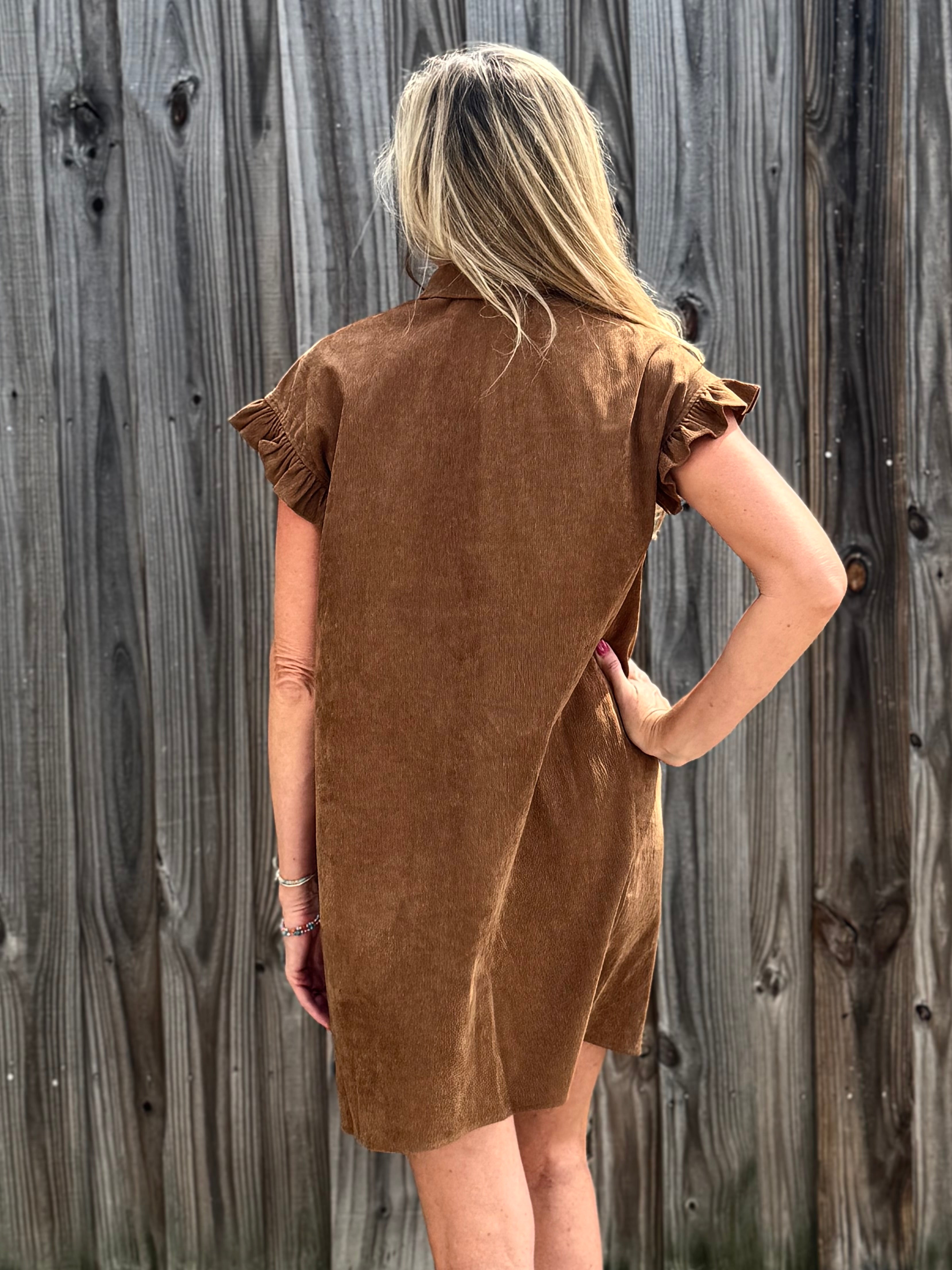 Molly Bracken Corduroy Ruffle Sleeve Shirt Dress in camel at ooh la la! in Grapevine TX 76051