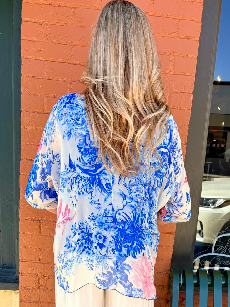Peony Garden Print Silk VNeck Blouse w/Raw Edge in royal blue at ooh la la! in Grapevine TX 76051