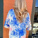 Peony Garden Print Silk VNeck Blouse w/Raw Edge in royal blue at ooh la la! in Grapevine TX 76051