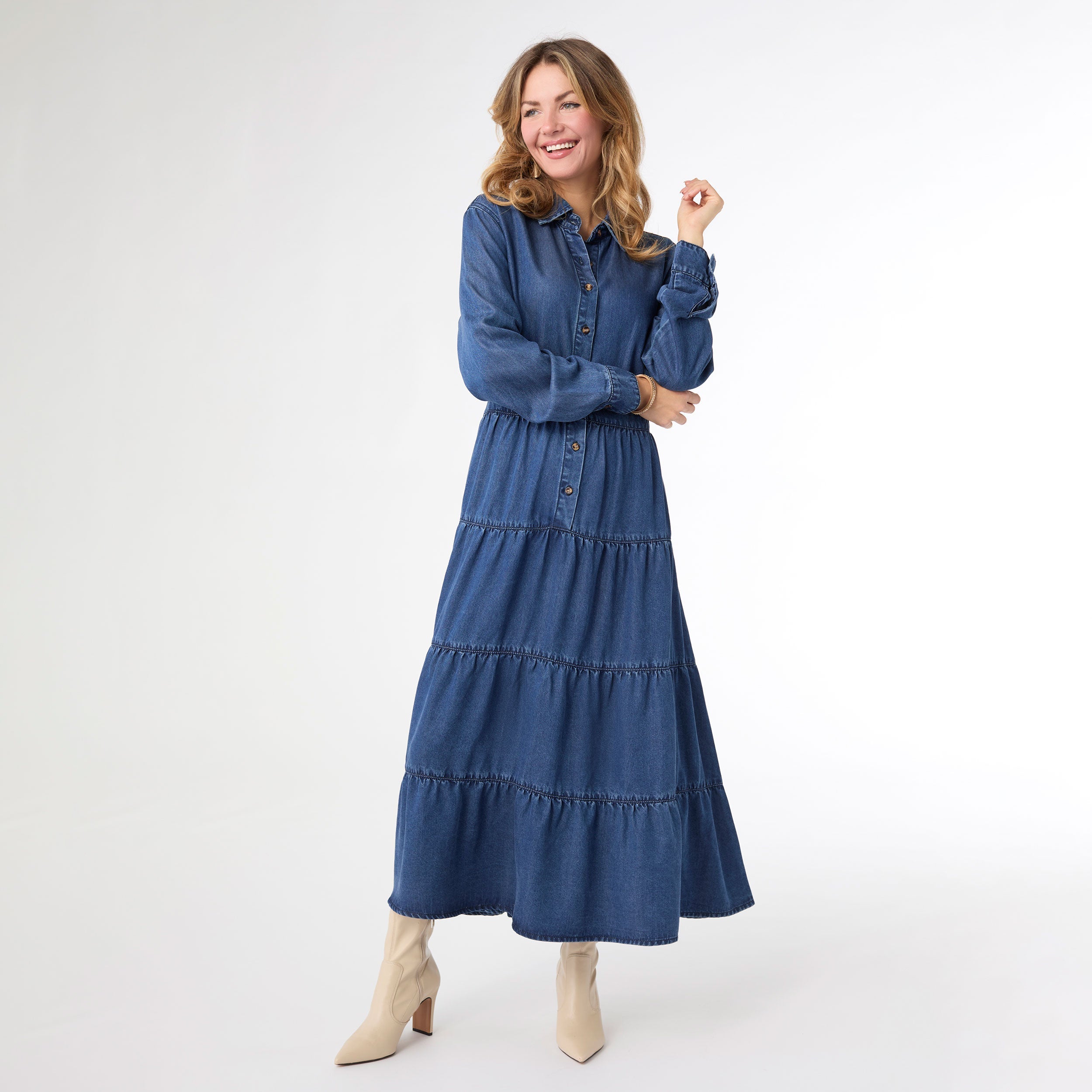 Judith Long Sleeve Denim Tiered Maxi Dress at ooh la la! in Grapevine TX 76051