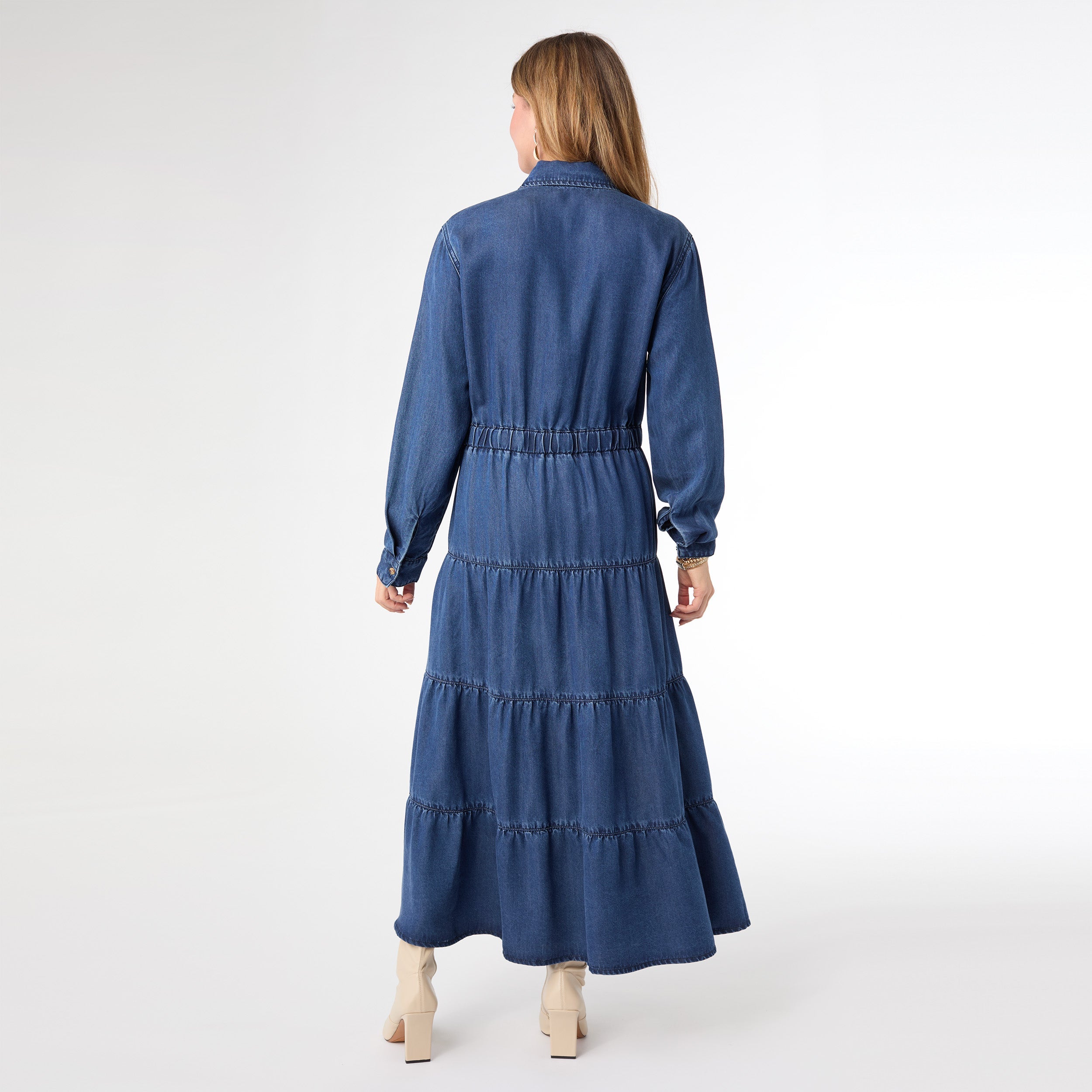 Judith Long Sleeve Denim Tiered Maxi Dress at ooh la la! in Grapevine TX 76051