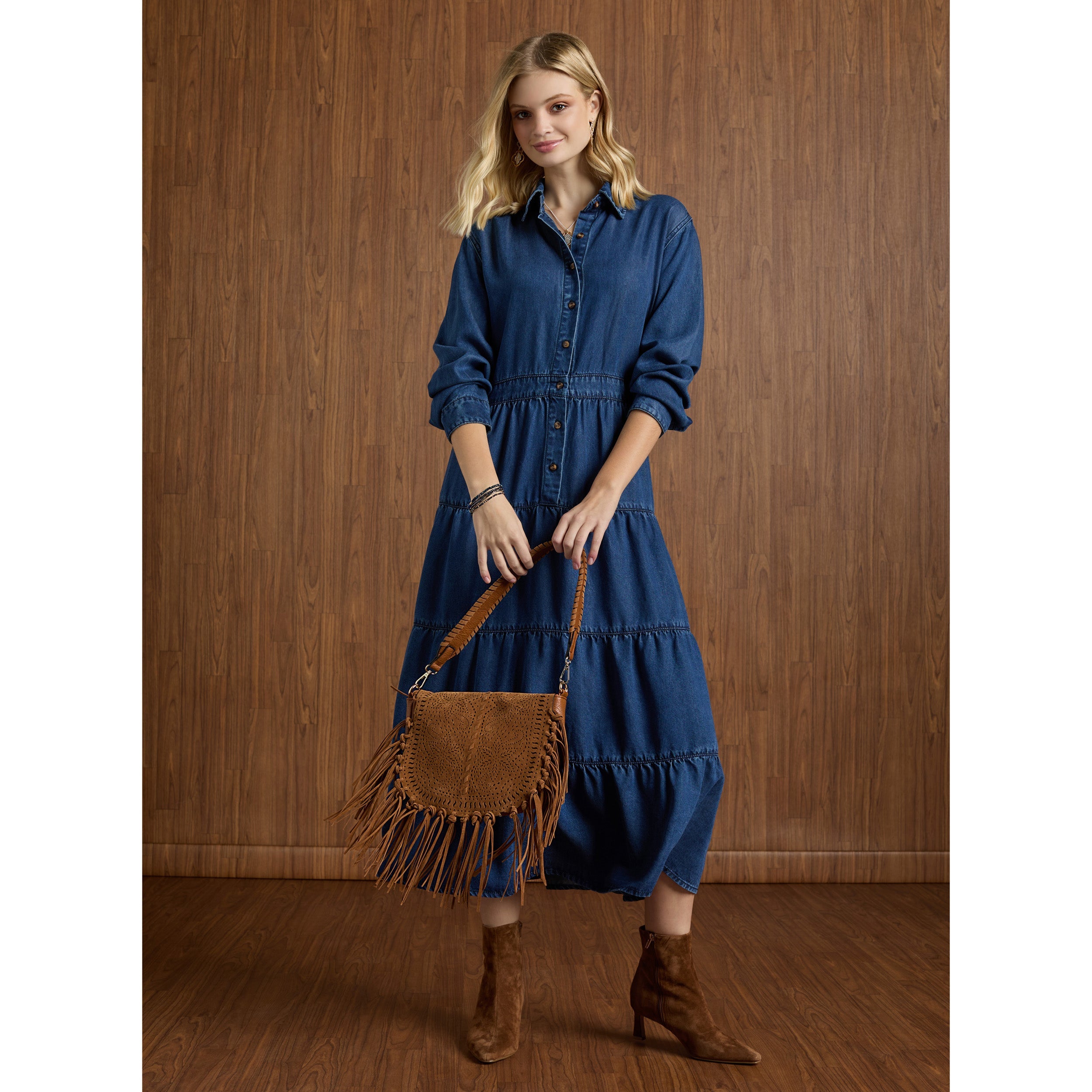 denim tiered maxi dress Judith Long Sleeve Tiered Maxi Dress
