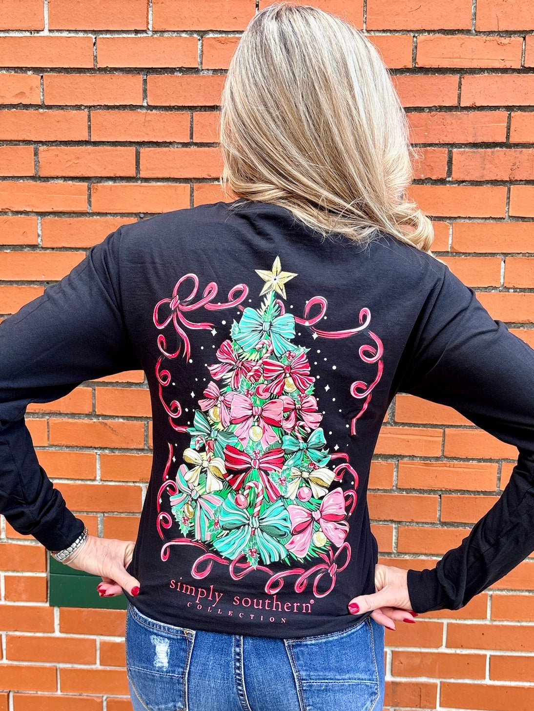 Simply Southern Christmas Tree Long Sleeve Tee In black at ooh la la! in Grapevine TX 76051