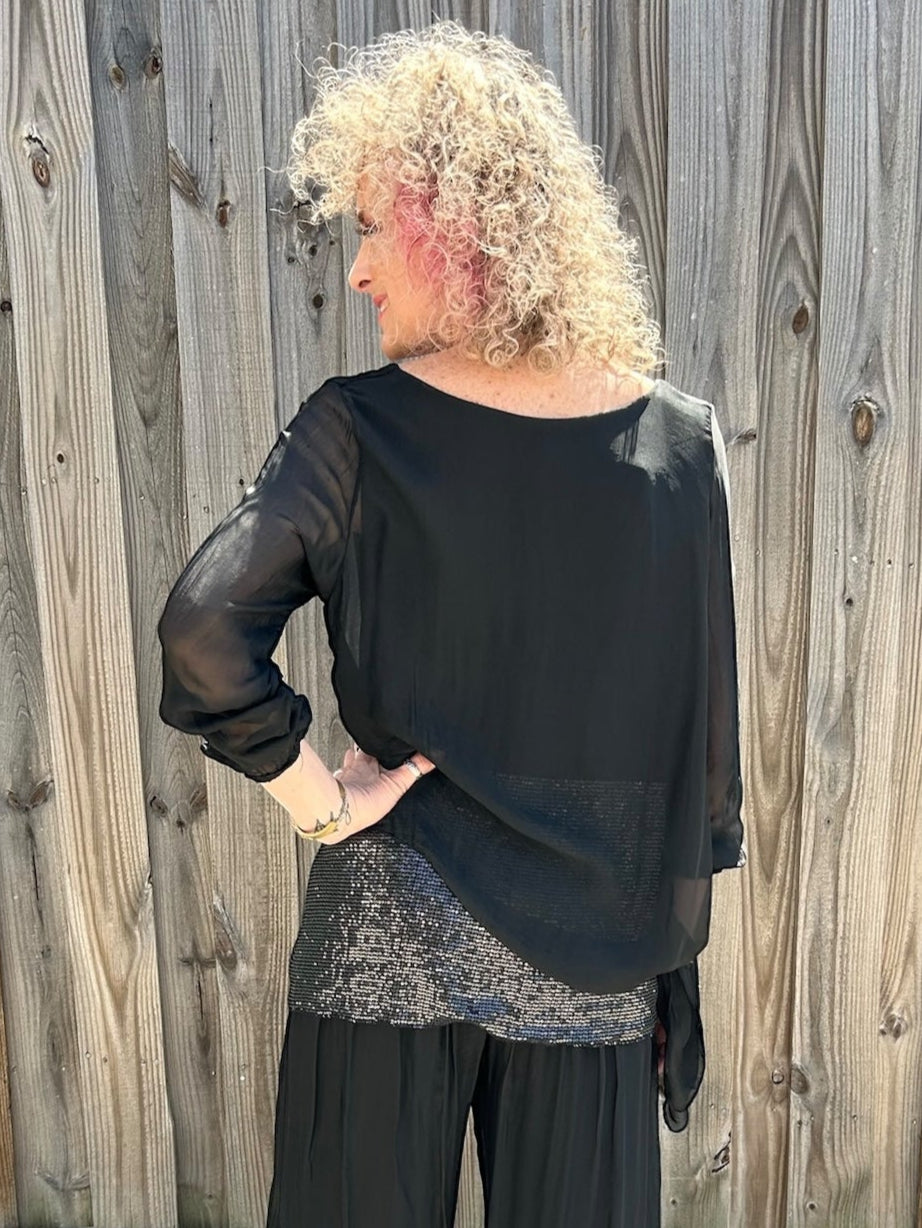 Silk Tunic & Pants w/ Sequin Detail in black at ooh la la! in Grapevine TX 76051