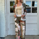 Satin Village Print Pant In Olive at ooh la la! in Grapevine TX 76051