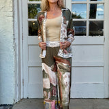 Satin Village Print Pant In Olive at ooh la la! in Grapevine TX 76051