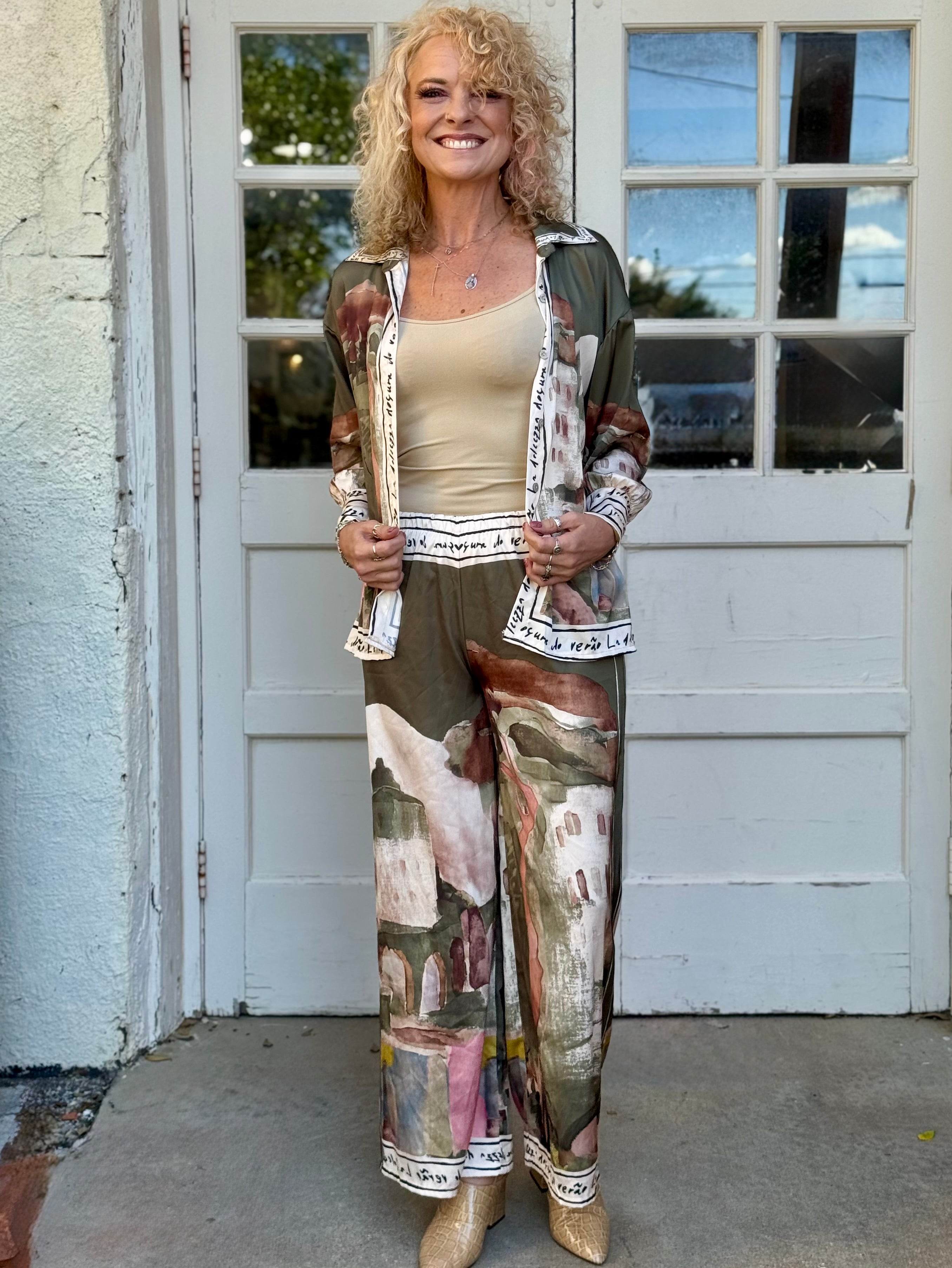 Satin Village Print Pant In Olive at ooh la la! in Grapevine TX 76051