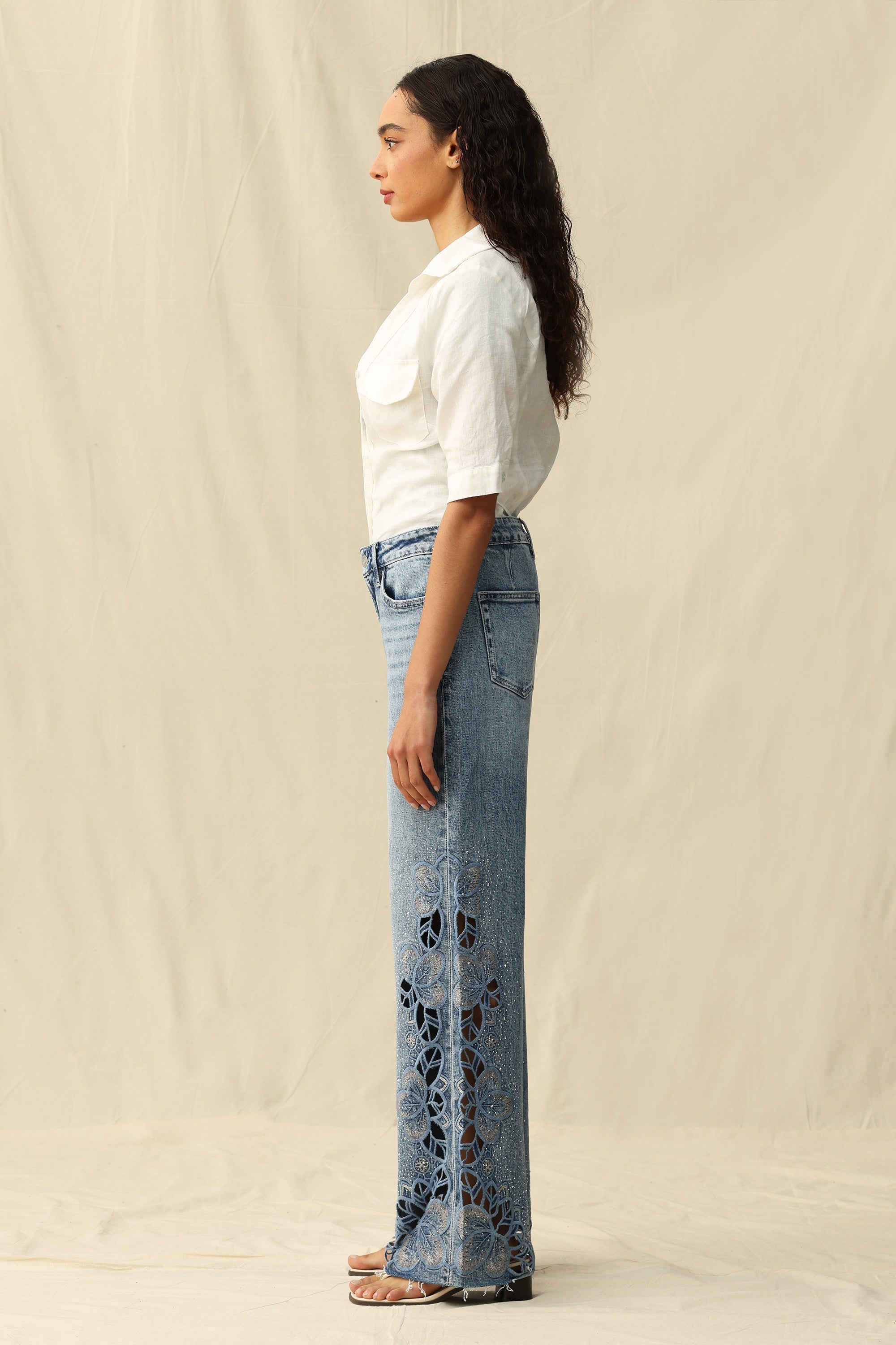Falling Leaves Crystallized Cutouts Mid Rise Wide Leg Statement Jeans at ooh la la! in Grapevine TX 76051