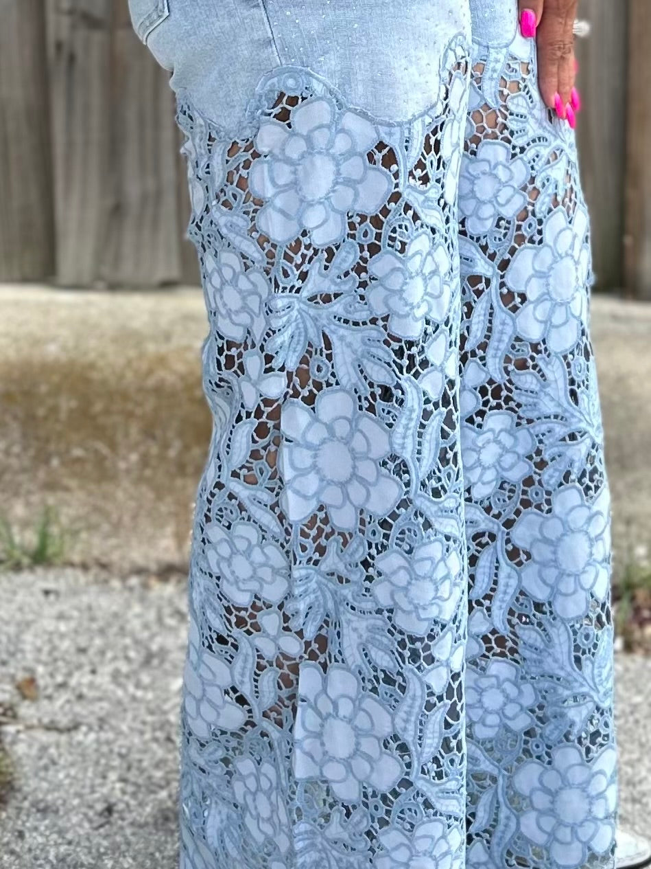 Wide Leg Daisy Lace Bottom Sparkly Jeans at ooh la la! in Grapevine TX 76051
