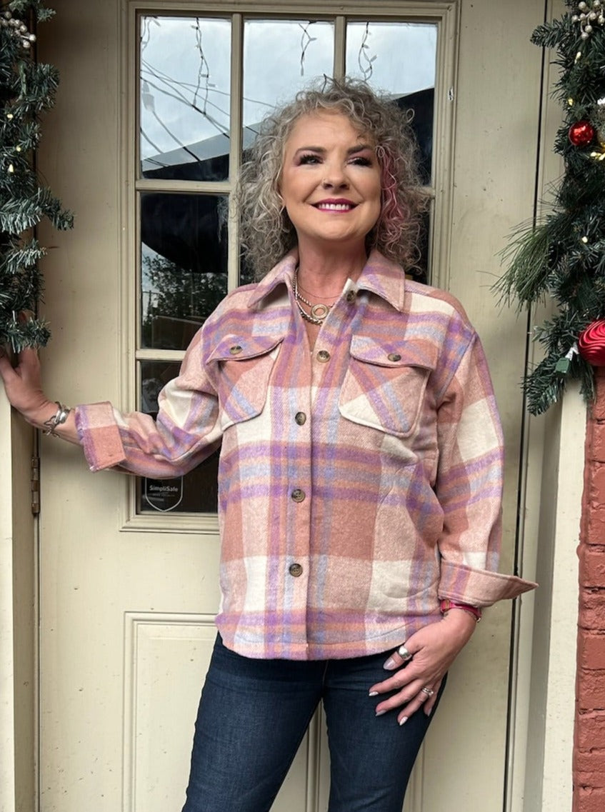 Plaid Flannel Shacket in Pink at ooh la la! in Grapevine TX 76051