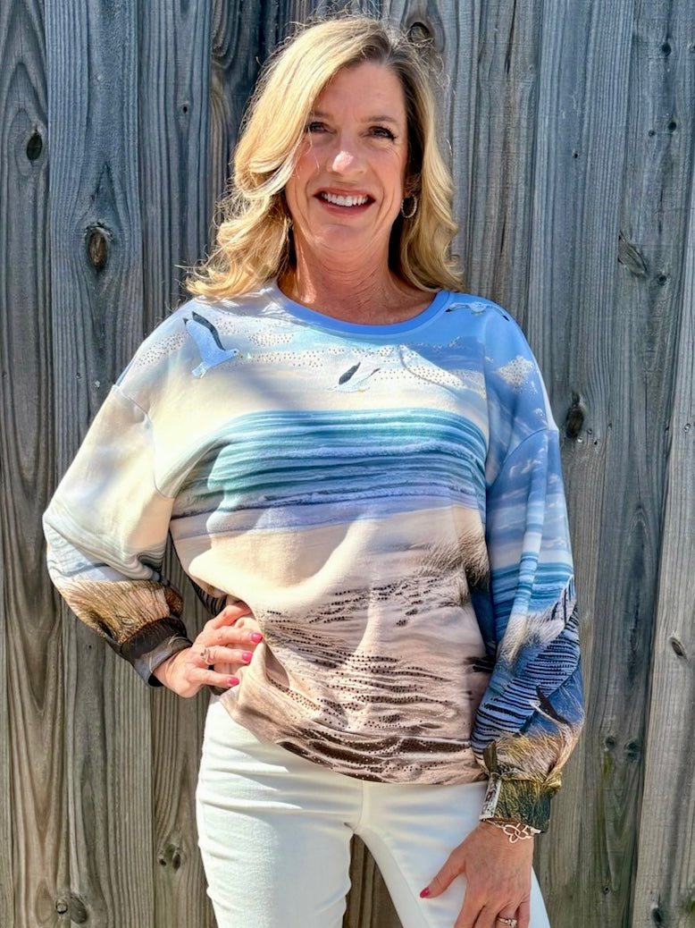 Queen of Sparkles Multi Beach Scene sparkly oversized Sweatshirt at ooh la la! in Grapevine TX 76051