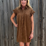 Molly Bracken Corduroy Ruffle Sleeve Shirt Dress in camel at ooh la la! in Grapevine TX 76051