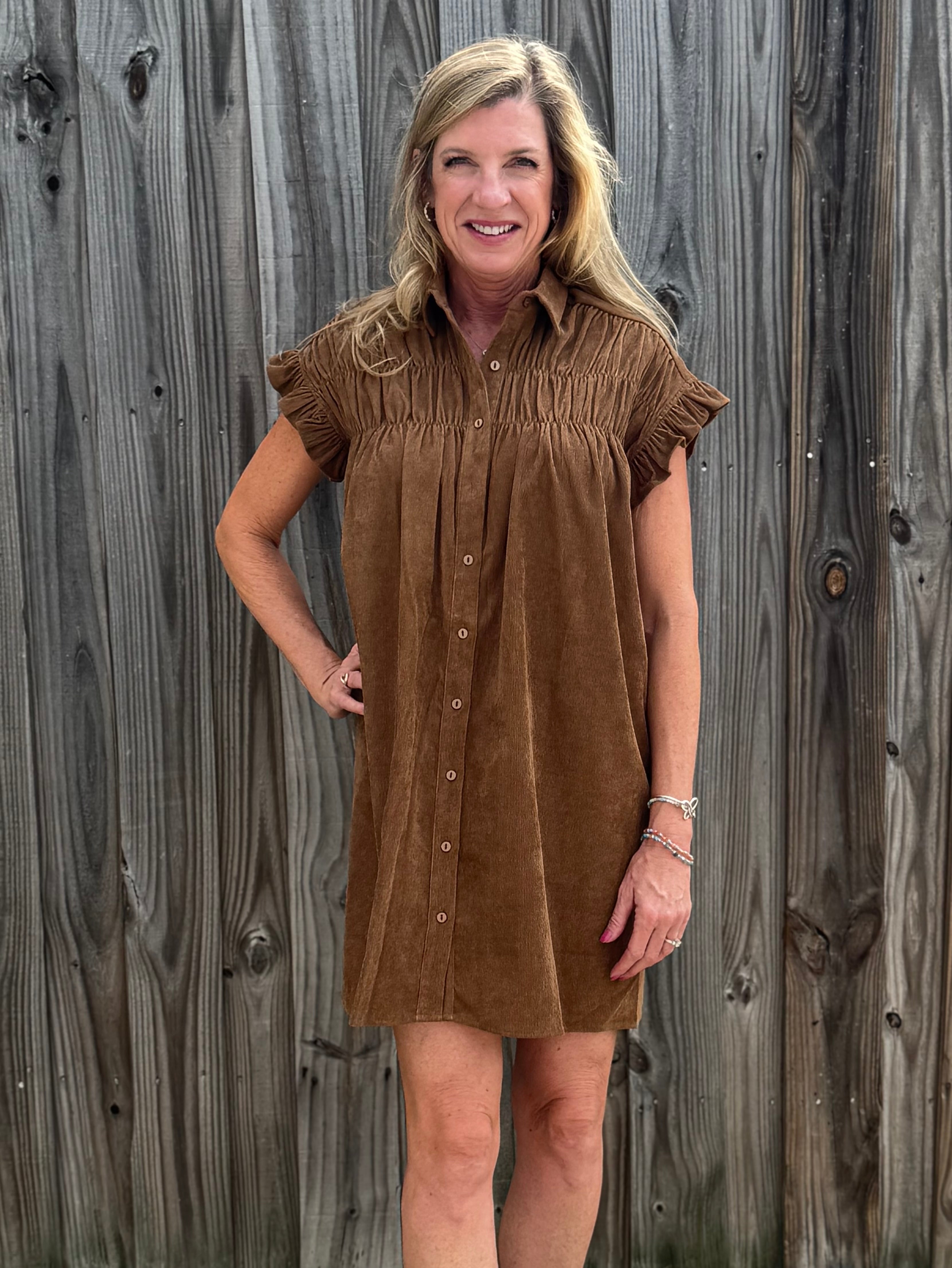 Molly Bracken Corduroy Ruffle Sleeve Shirt Dress in camel at ooh la la! in Grapevine TX 76051