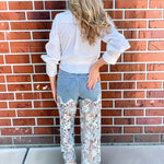 High Rise Wide Leg Lace Denim Jeans With Rhinestones in blue at ooh la la! in Grapevine TX 76051