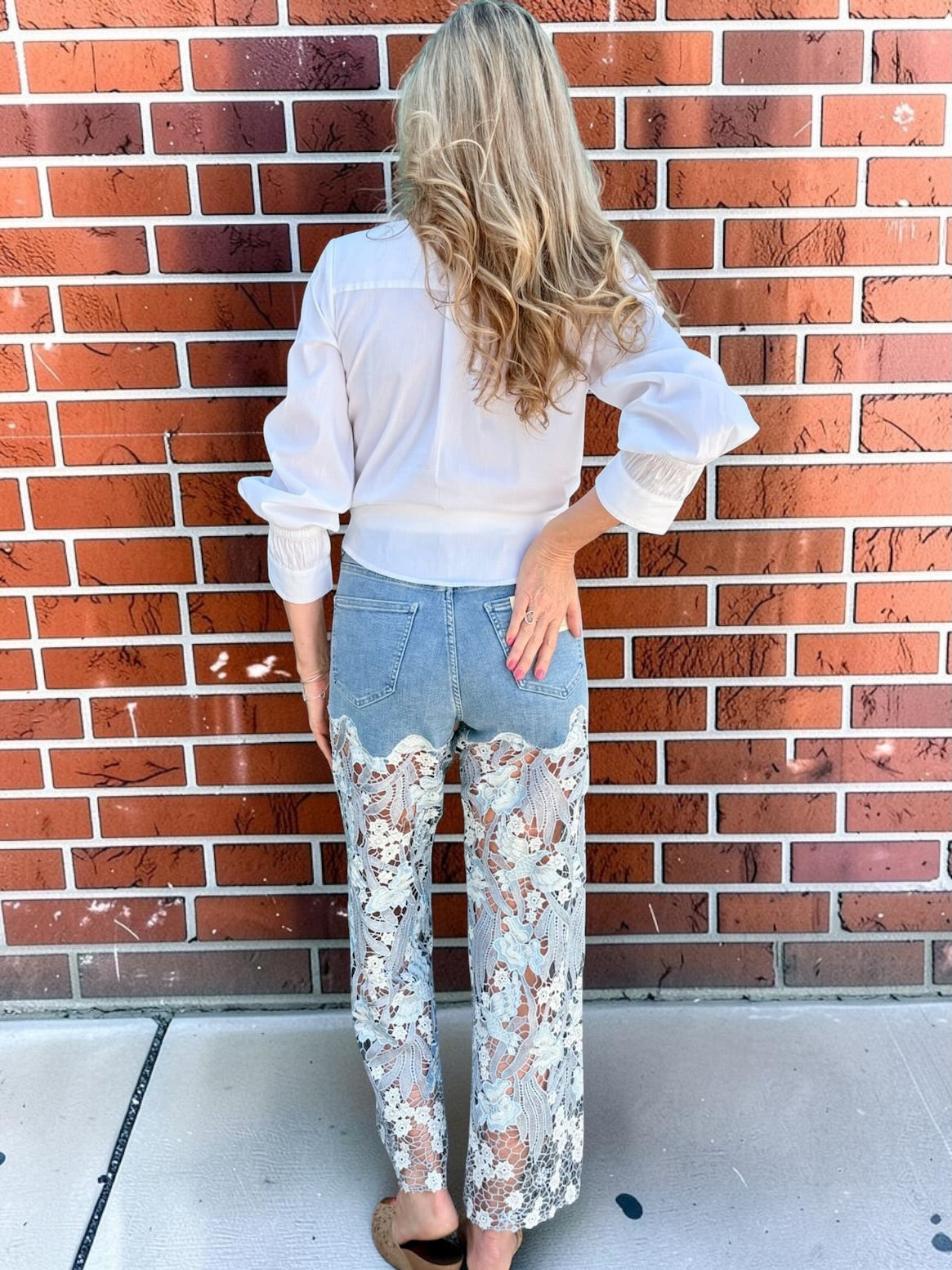 High Rise Wide Leg Lace Denim Jeans With Rhinestones in blue at ooh la la! in Grapevine TX 76051