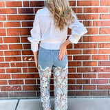 High Rise Wide Leg Lace Denim Jeans With Rhinestones in blue at ooh la la! in Grapevine TX 76051