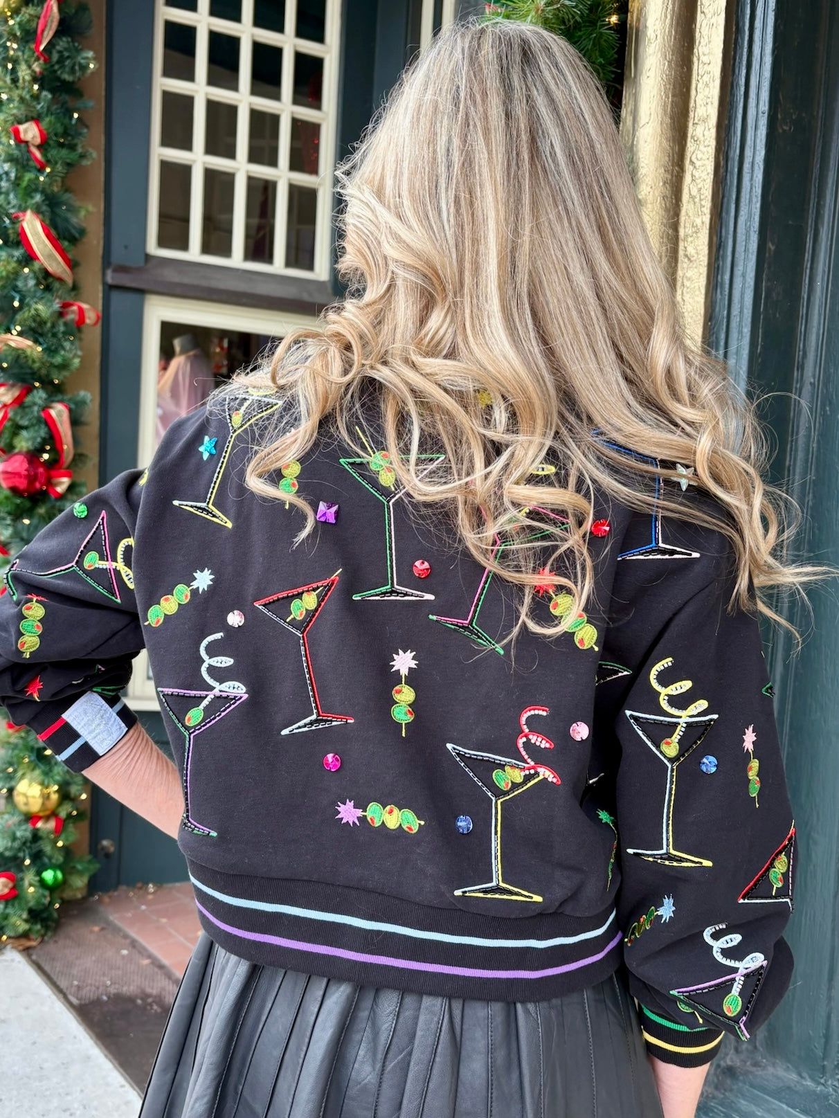 Queen of Sparkles Black Multi Rainbow Trim Martini Sweatshirt at ooh la la! in Grapevine TX 76051