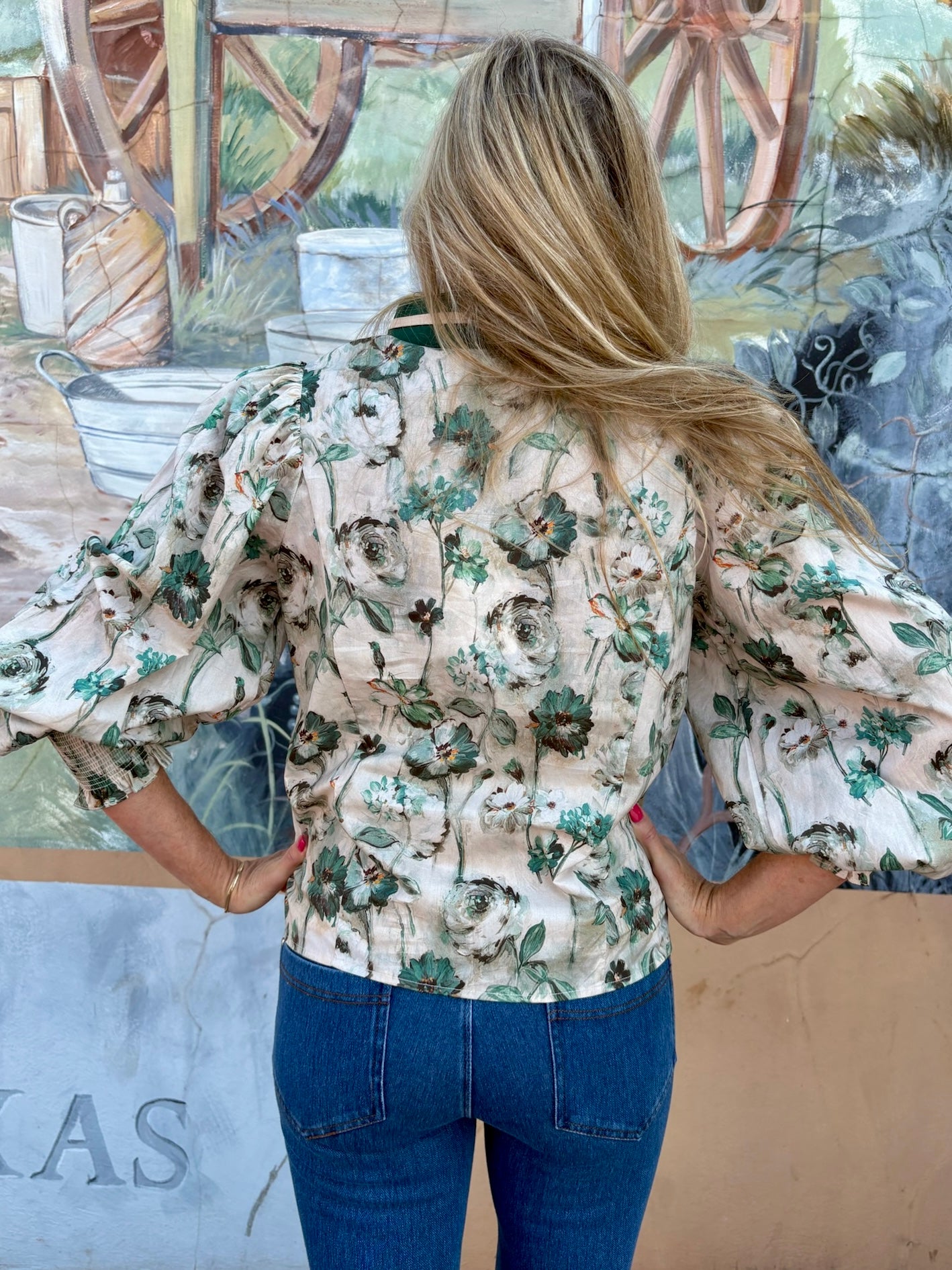 Floral Pattern Smocked Cuff Top at Ooh La La! in Grapevine TX 76051