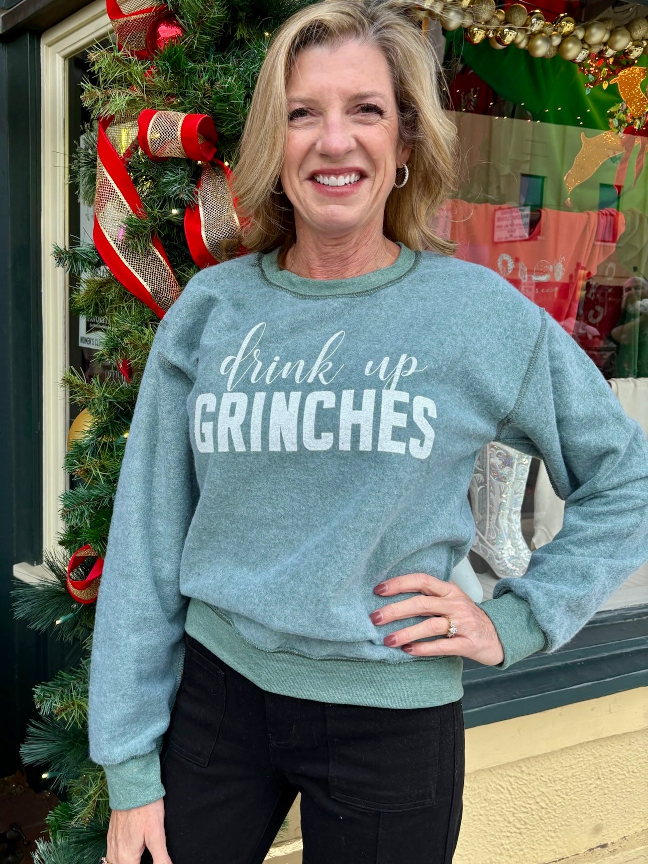 Drink Up Grinches Inverted Sweatshirt in green at ooh la la! in Grapevine TX 76051