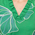 Floral embroidered top, green ruffle blouse, V-neck summer top, women's boho clothing, embroidered floral shirt, ruffle sleeve top, woven summer blouse.
ooh la la! in Grapevine TX 76051