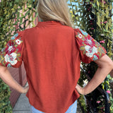 THML Floral Embroidered Sleeve VNeck Top in rust at Ooh La La! in Grapevine TX 76051